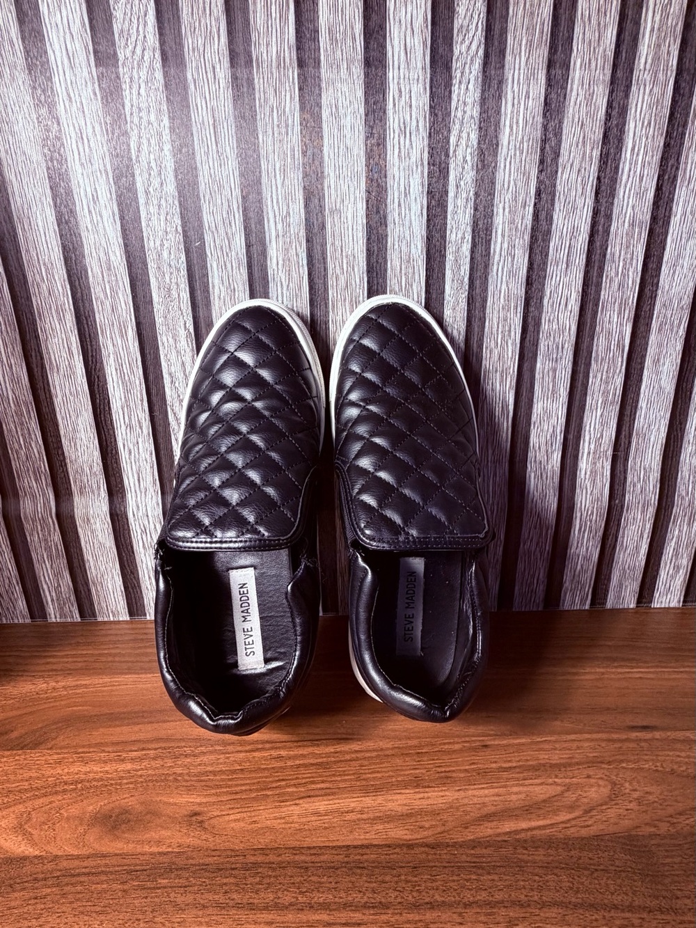 Steve Madden Quilted Slip-On Sneakers - Black with White Trim